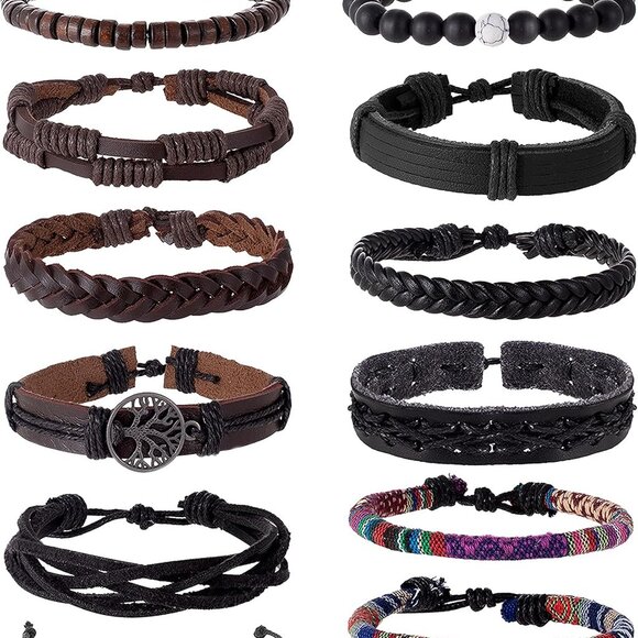 15Pcs Leather Braided Bracelets Set for Men Women Adjustable Ethnic Rustic Boho - Picture 1 of 7